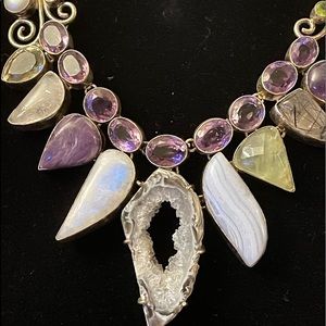 Silver tone necklace with multiple gem stones 20”